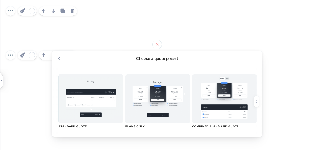 Qwilr's editor showing quote block options
