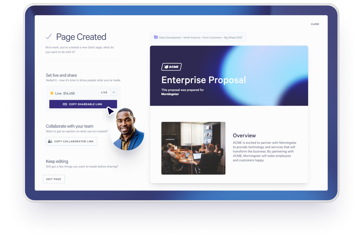 a tablet screen shows a page created for an enterprise proposal