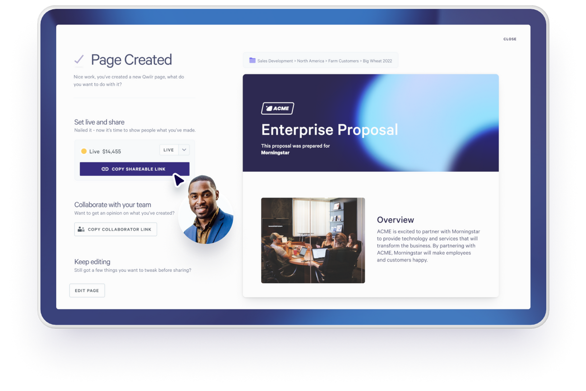 Manage your Qwilr page from within Salesforce. Share a link with your buyers, invite your team to collaborate, or continue editing