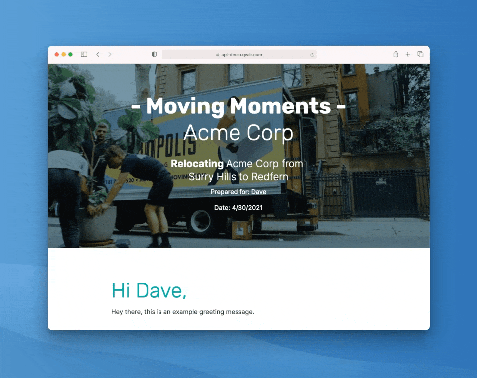 a screen shot of a website titled moving moments acme corp