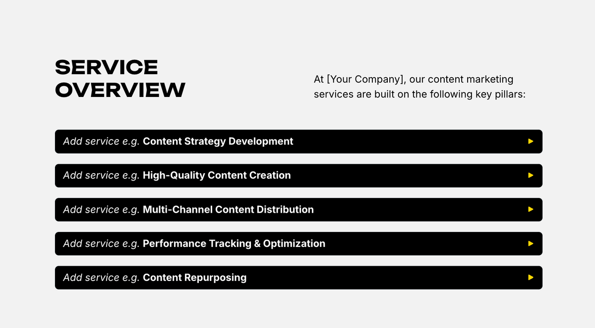 A "Service Overview" slide detailing 5 key content marketing services: Content Strategy Development, High-Quality Content Creation, Multi-Channel Content Distribution, Performance Tracking & Optimization, and Content Repurposing.