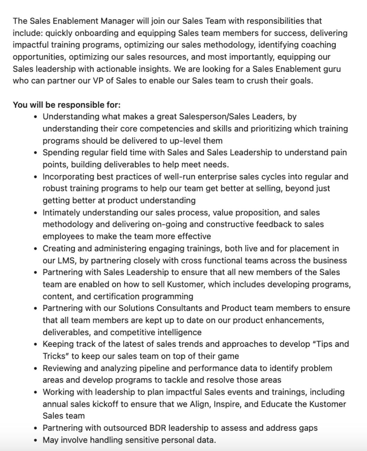 example of a sales enablement job description