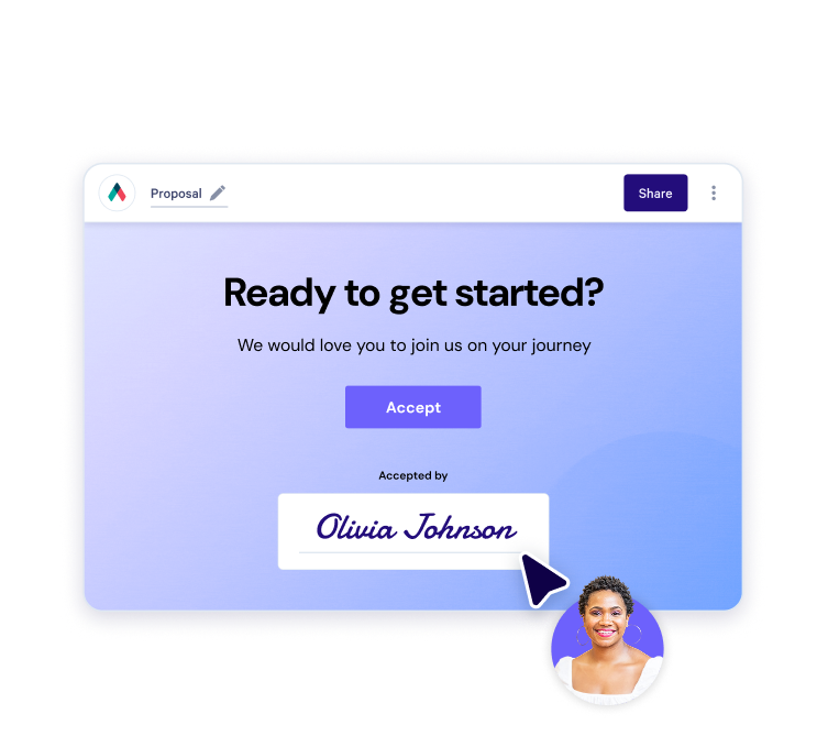 A Qwilr proposal with an Accept button and a typed e-signature.