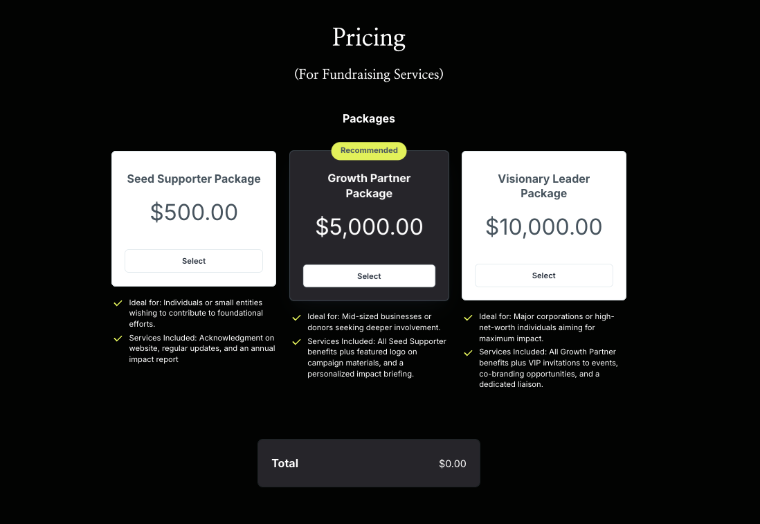 Pricing page for fundraising services with three packages: Seed Supporter ($500), Growth Partner ($5,000, recommended), and Visionary Leader ($10,000).