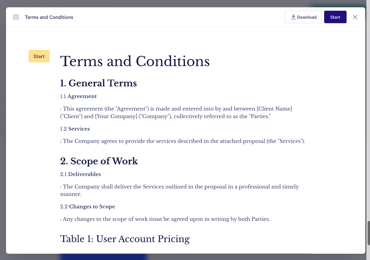 A digital document titled 'Terms and Conditions' displayed on a screen, showing sections such as 'General Terms' and 'Scope of Work'.