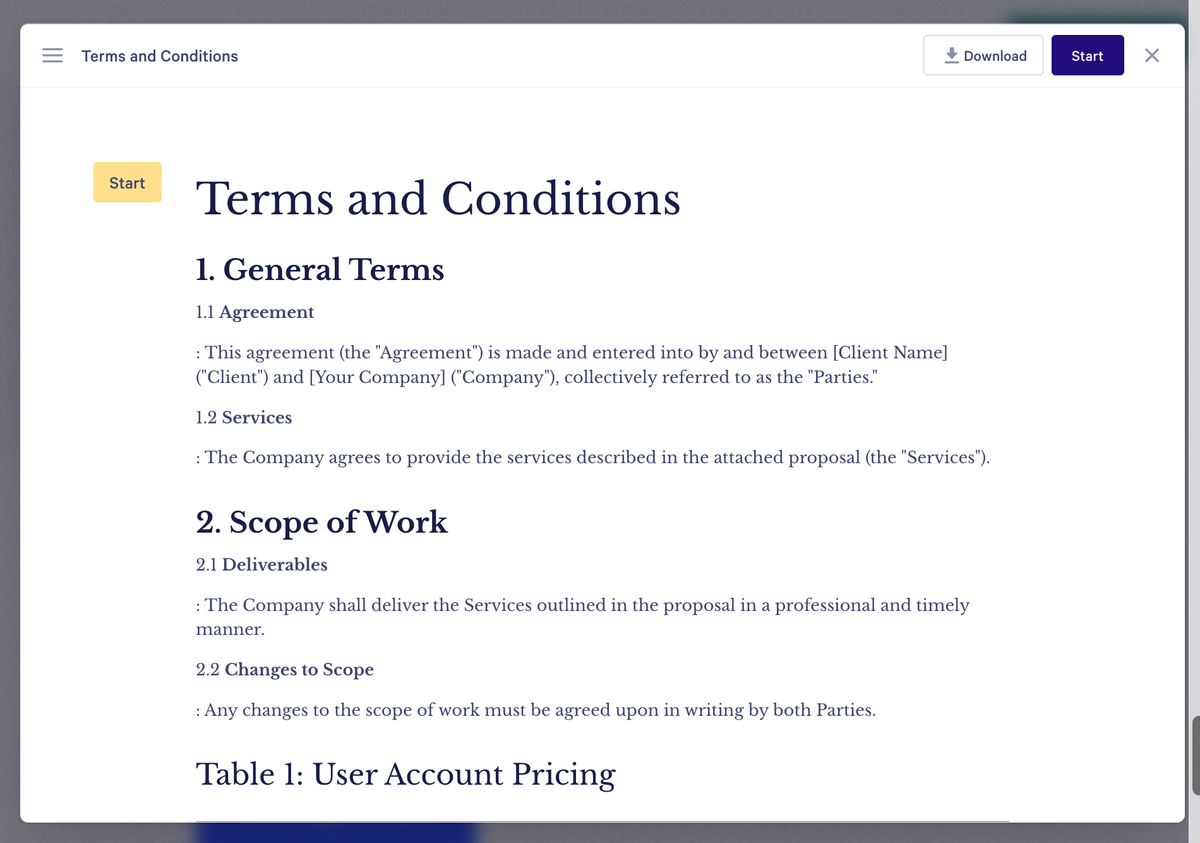 A digital document titled 'Terms and Conditions' displayed on a screen, showing sections such as 'General Terms' and 'Scope of Work'.