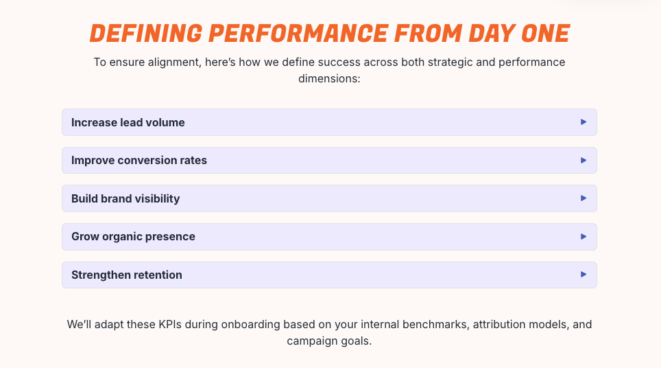 A breakdown of success metrics in accordions