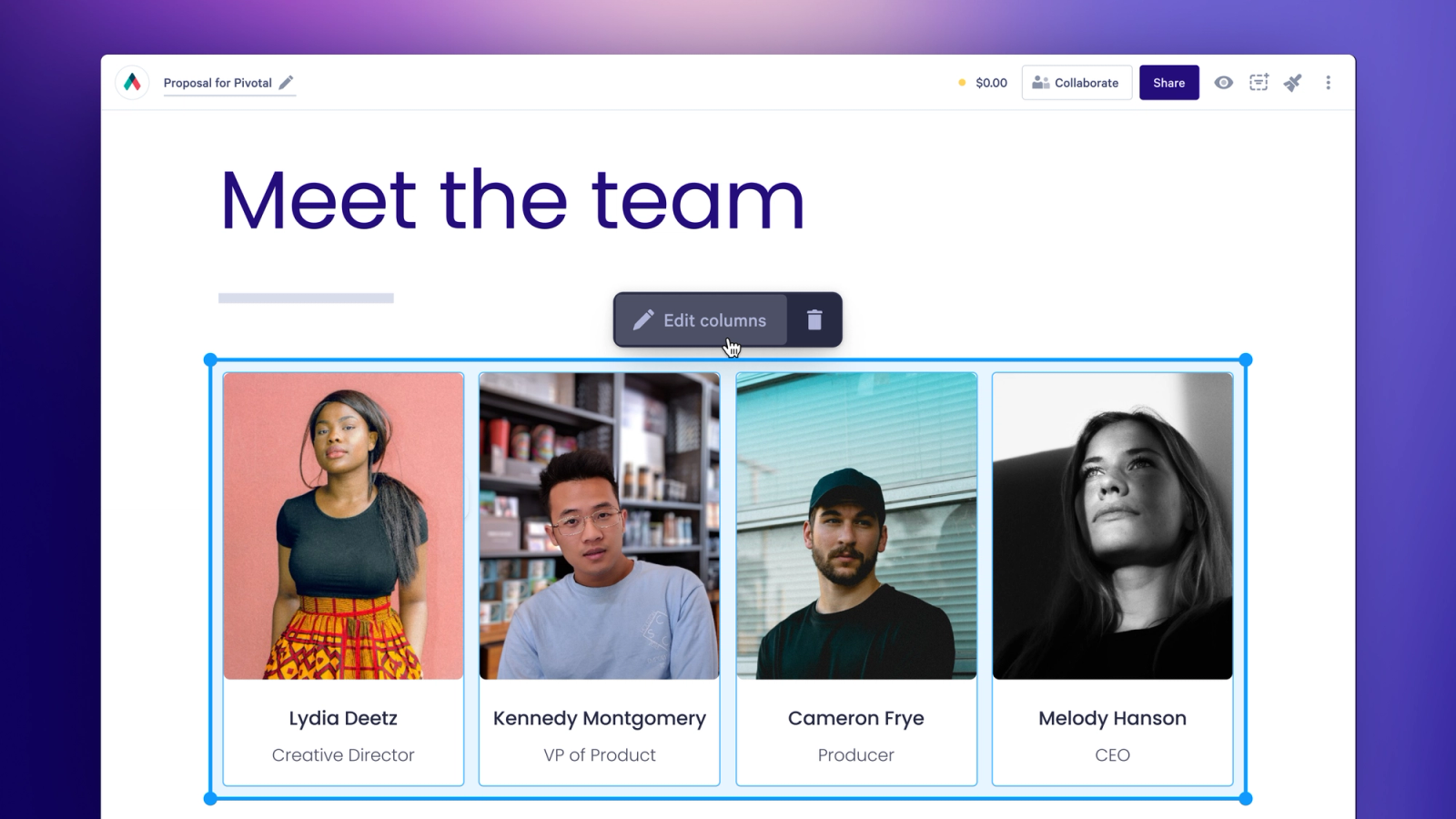 a computer screen shows a meet the team page