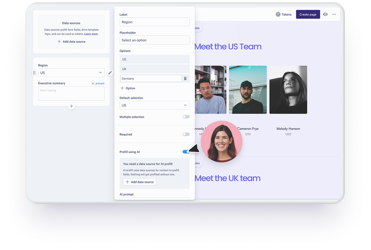 A content editing interface displaying team profiles and field settings, with an active 'Prefill using AI' toggle for region.