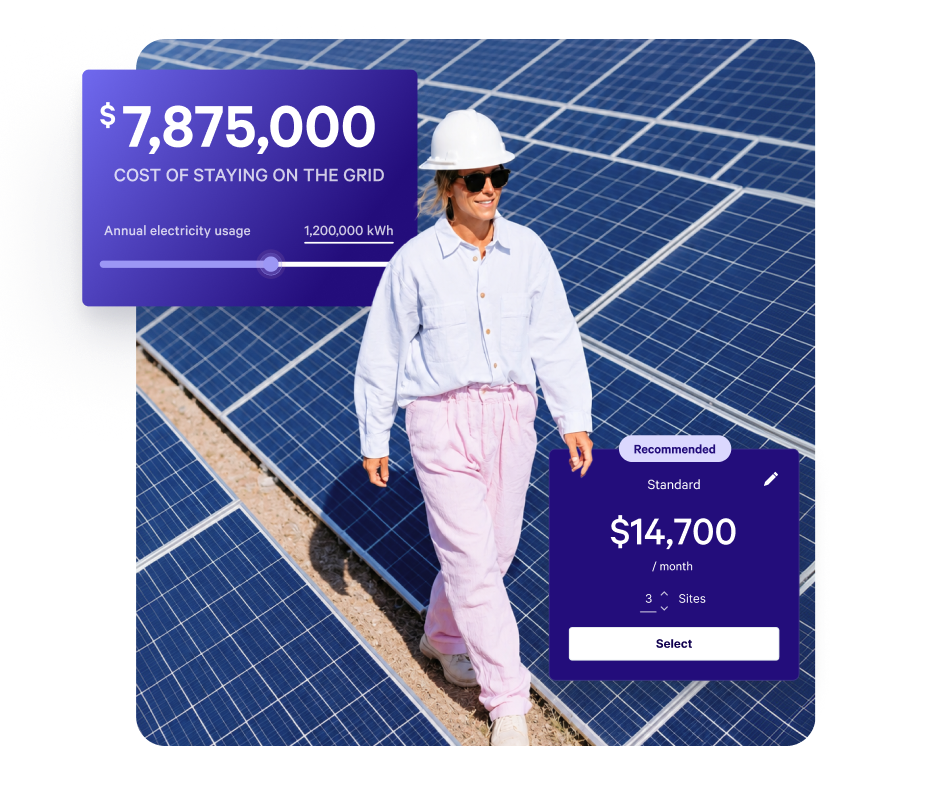 A proposal page with a pricing calculator showing $117,000 in annual savings, and a team reviewing it together.
