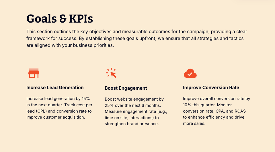 a page that says goals and kpis on it