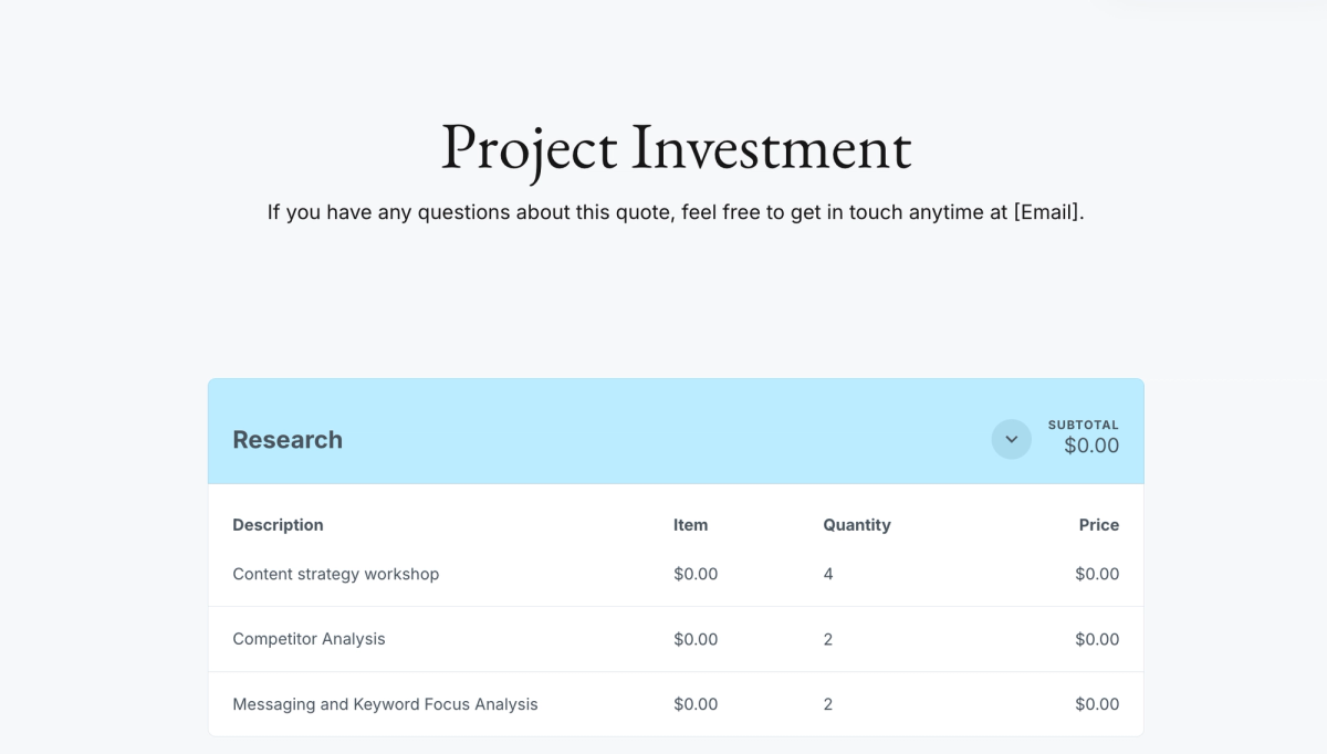 Project Investment quote showing 'Research' services like content strategy workshop and competitor analysis, all priced at $0.00.