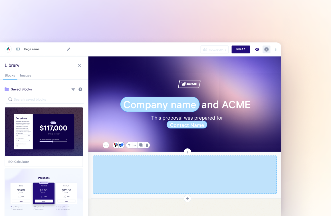 Document builder interface with a content block library and an editable proposal document showing a blank content area.