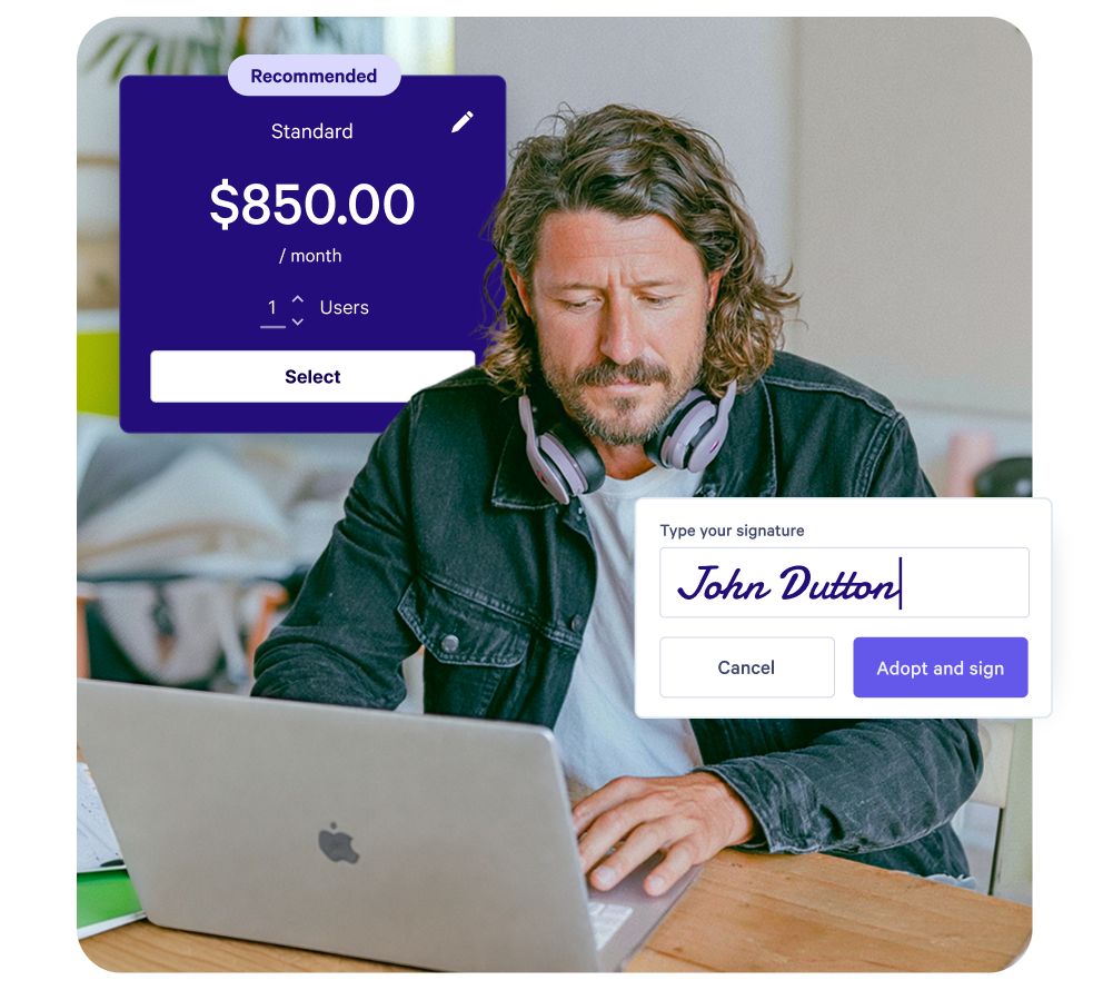 Man on a laptop selecting a subscription plan and entering an e-signature.