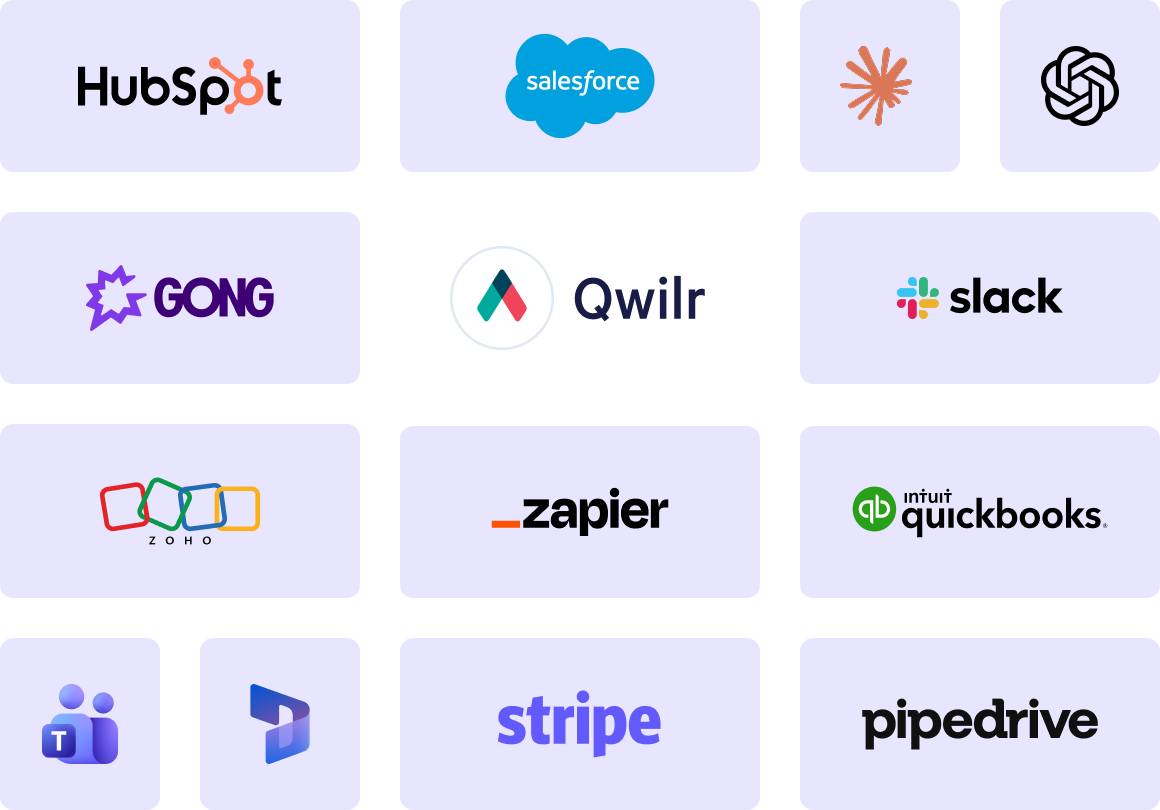 Logos of various software platforms including HubSpot, Salesforce, Gong, Qwilr, Slack, Zoho, Zapier, Intuit QuickBooks, Microsoft Teams, Stripe, and Pipedrive.