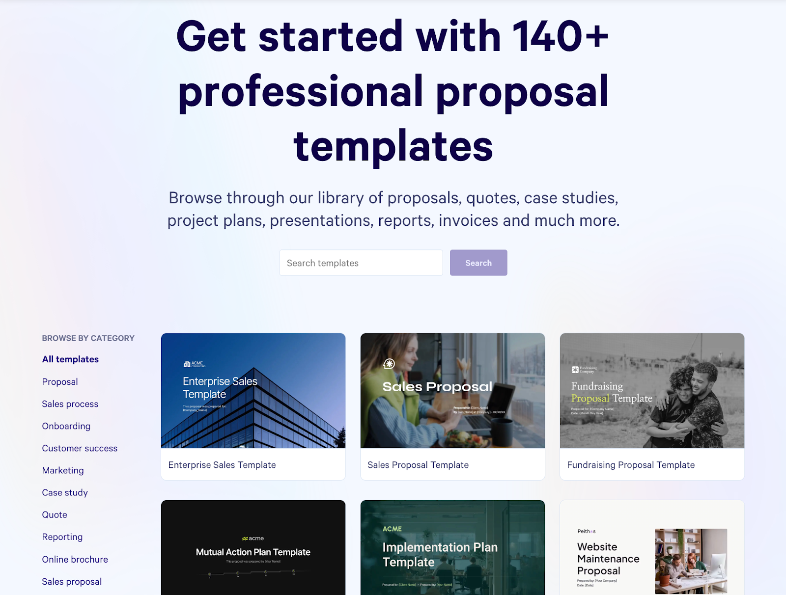 A webpage displaying a template library with over 140 professional proposal templates, including sales and fundraising examples.