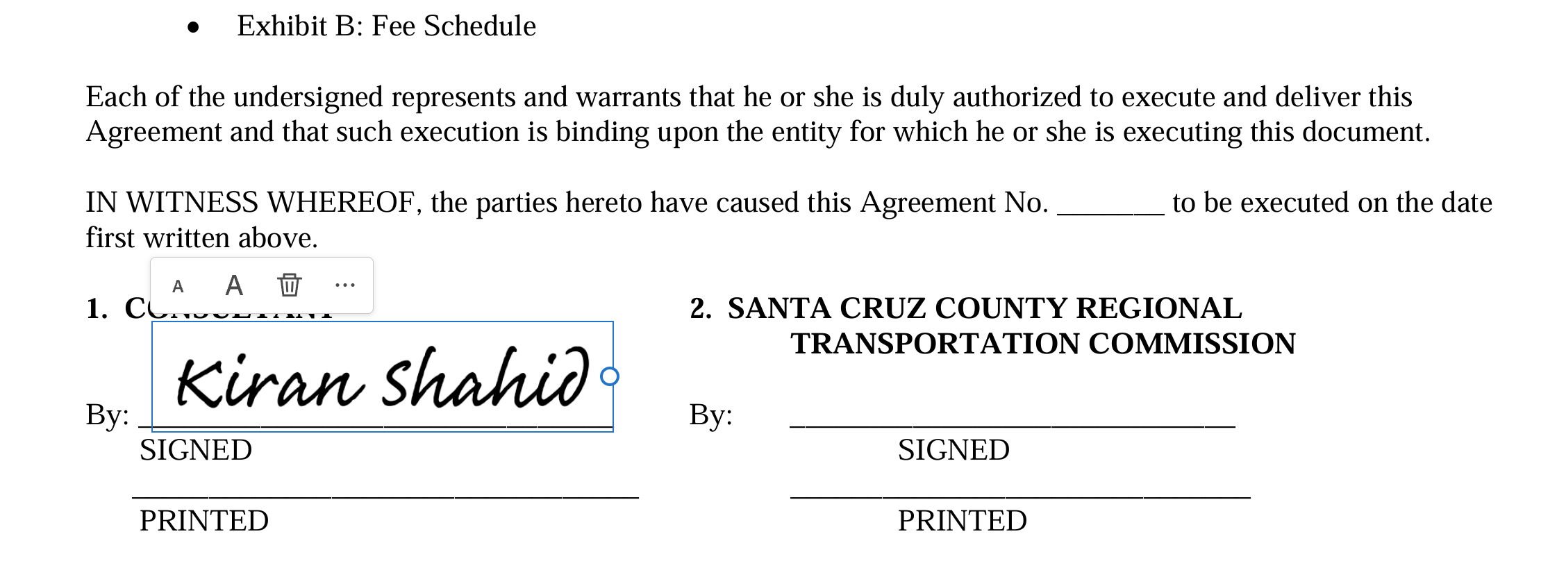 a signed exhibit b fee schedule from santa cruz county regional transportation commission