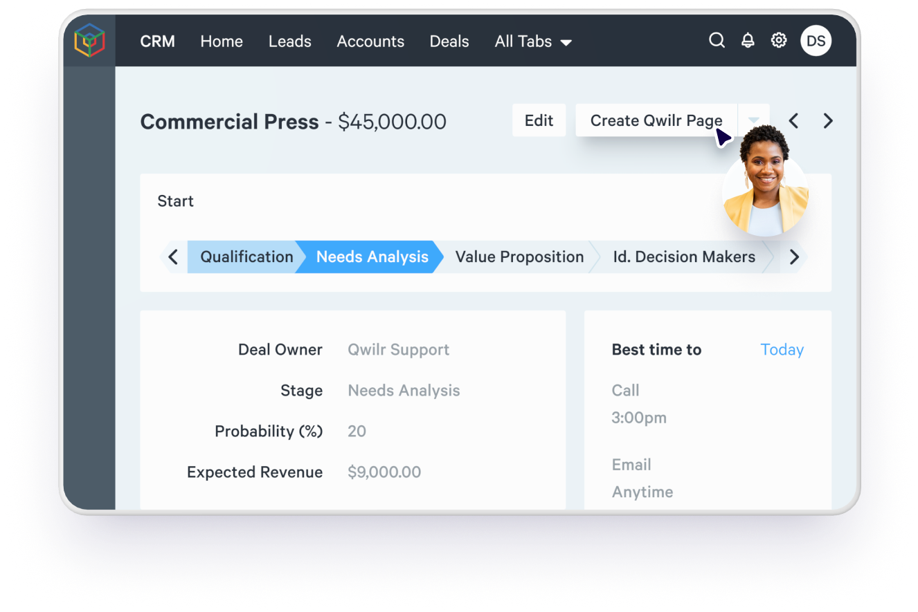 dashboard showing create Qwilr page from Zoho