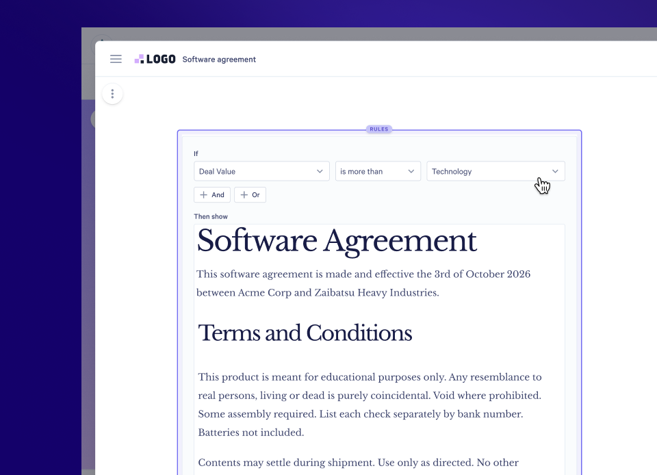 A software application displaying a "Software Agreement" document with rule-based conditional fields like "Deal Value" and "Technology" at the top, and a mouse cursor hovering over a dropdown.