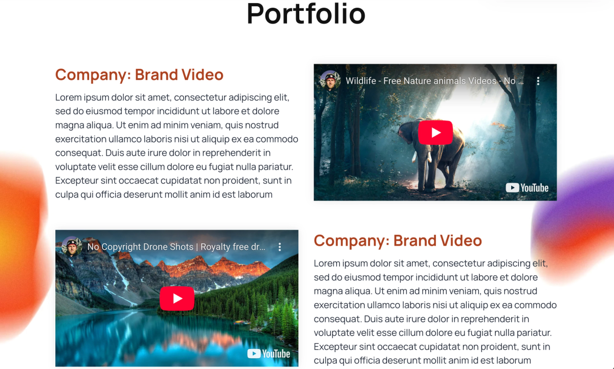 A portfolio page displaying two brand video examples, one of an elephant in a forest and another of mountains and a lake.