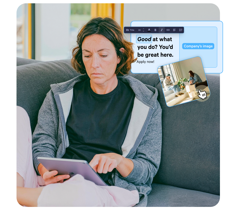 Woman on a sofa using a tablet, with a digital editor overlay showing recruitment text and an image being dragged by a cursor.