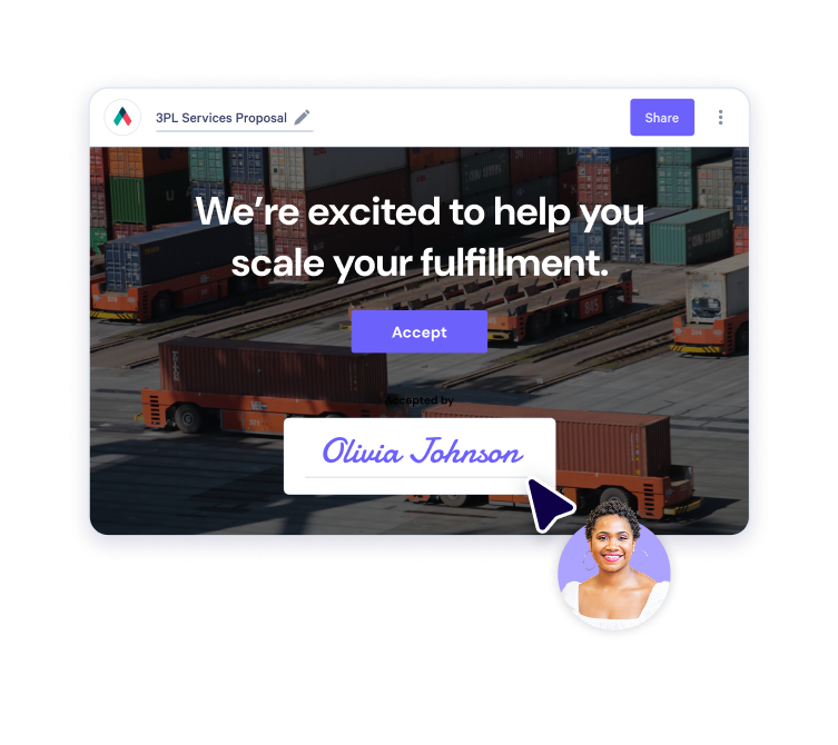 A digital 3PL Services Proposal offering to scale fulfillment, with an "Accept" button and a signature by Olivia Johnson shown with her profile picture.