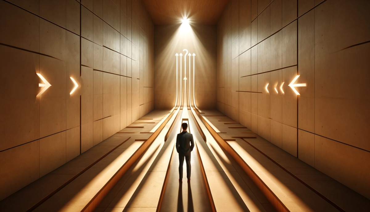 a man is standing in a tunnel with arrows pointing in different directions .