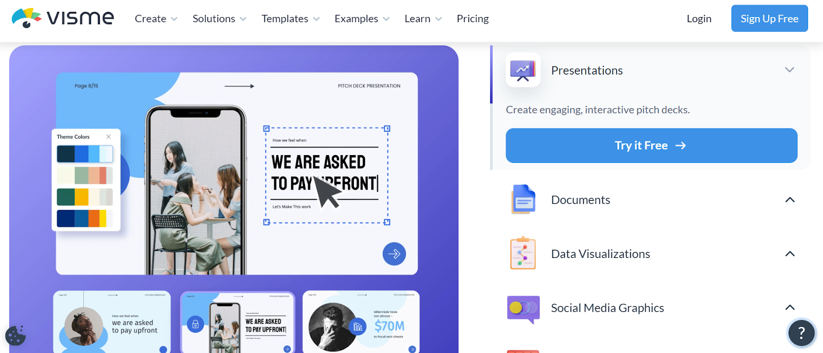 Visme online design tool interface editing a presentation slide with text, a smartphone graphic, a color palette, and a sidebar menu.