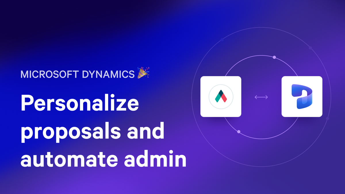 Text 'Microsoft Dynamics: Personalize proposals and automate admin' alongside two app icons connected by an arrow within a circular line.