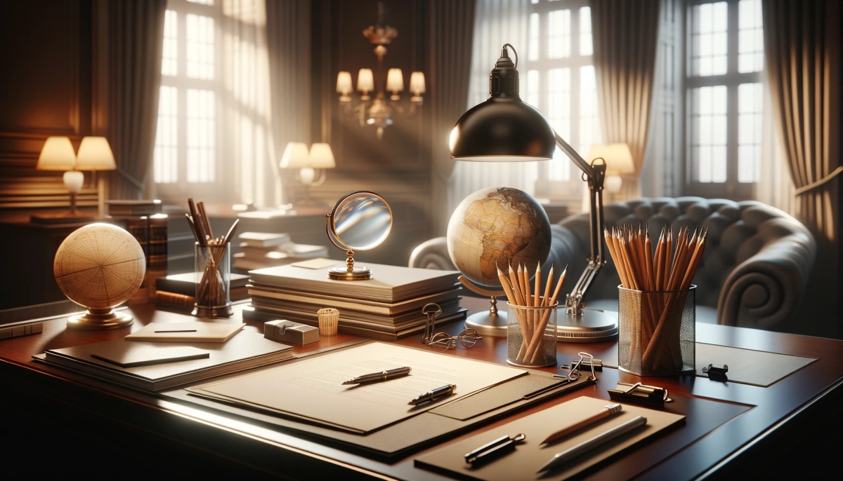 a desk with a lamp, pencils, a globe, a mirror and a stack of books
