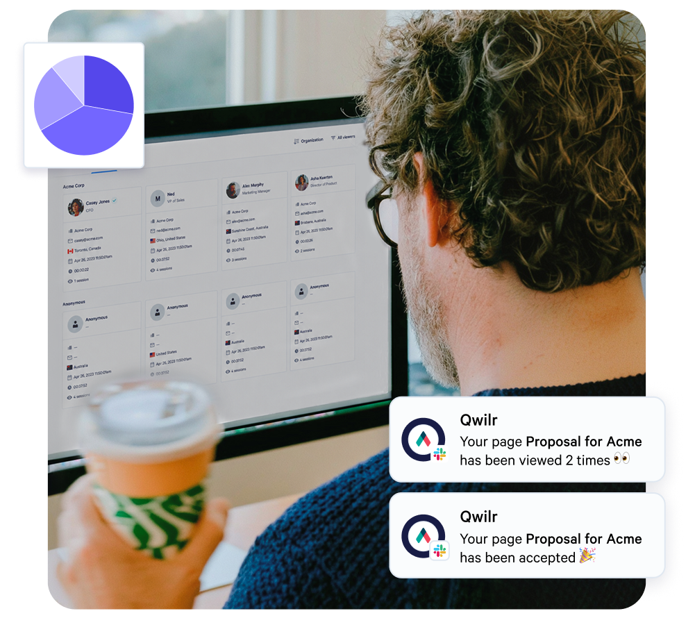 A person reviewing a dashboard of client data, with Qwilr notifications that a proposal was viewed and accepted.