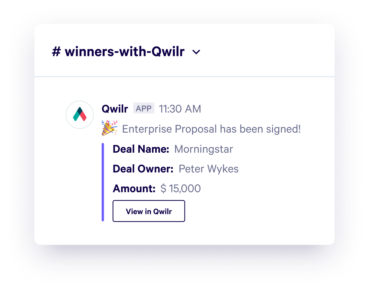Qwilr app notification: Enterprise Proposal signed for Morningstar, $15,000.