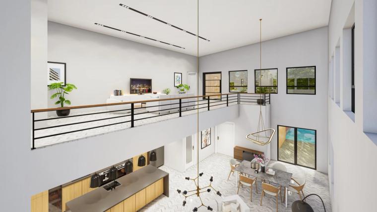 A bright, modern multi-level home interior with a loft living room overlooking a kitchen and dining area.