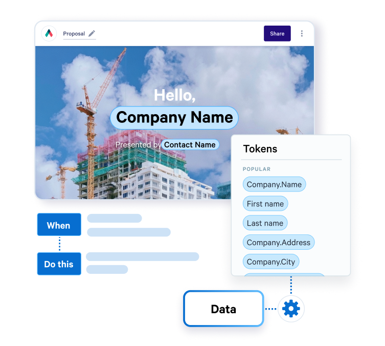 Software showing a presentation template with dynamic placeholders, a "Tokens" menu, and a workflow connecting "Data" for automated content generation.