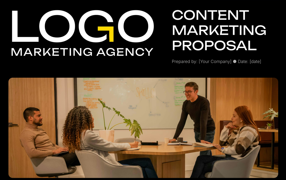 Content Marketing Proposal cover page featuring "LOGO MARKETING AGENCY" and four people in a meeting.