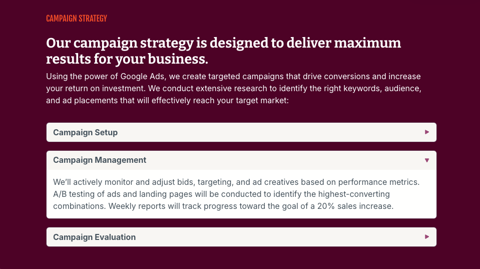 a page that says our campaign strategy is designed to deliver maximum results for your business