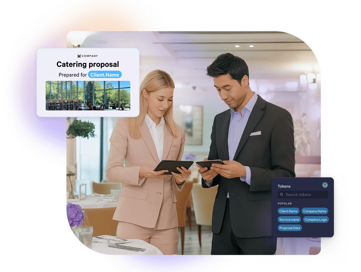 Two business professionals interacting with tablets, showing a digital catering proposal and a data token selection menu.
