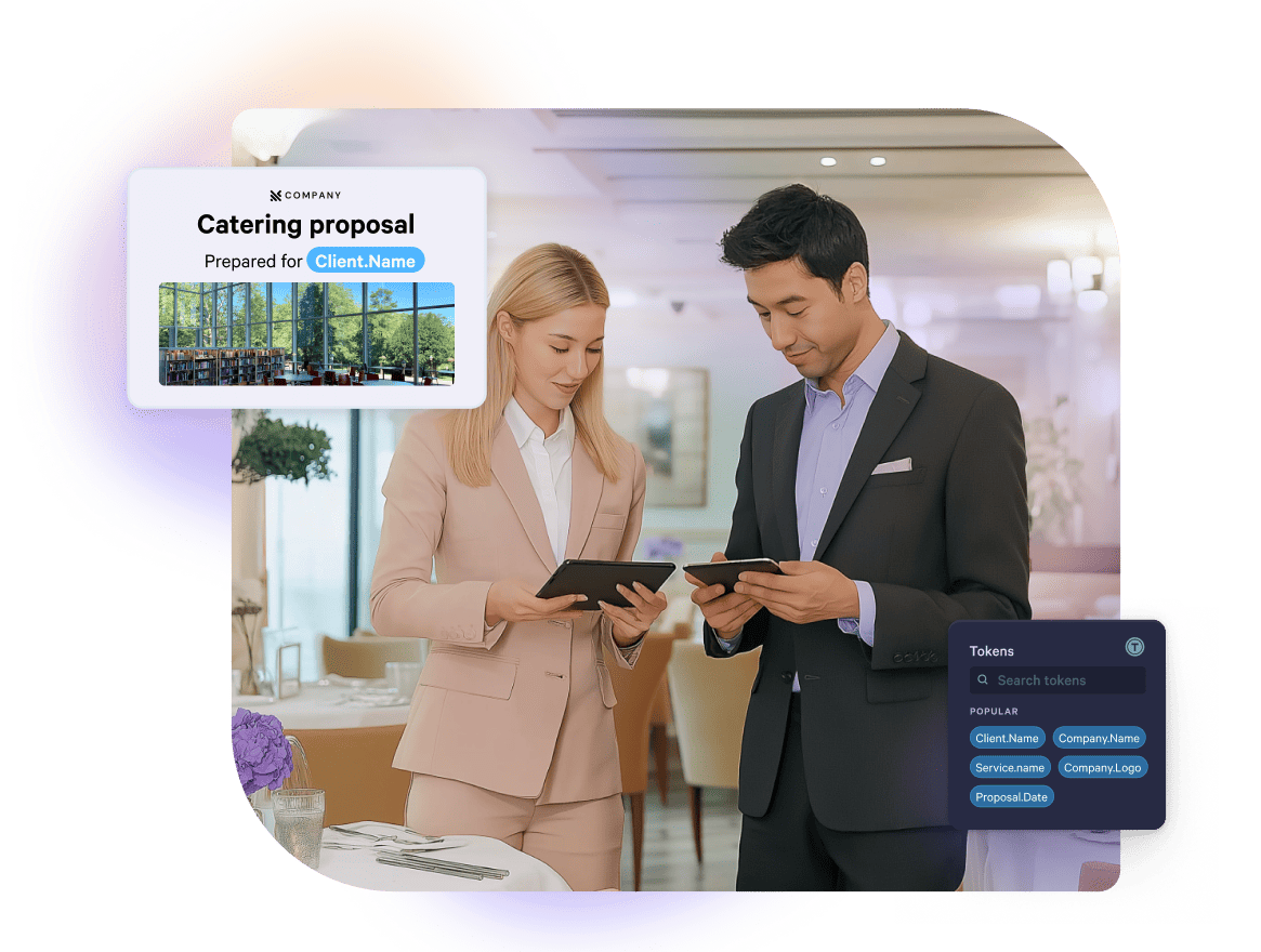 Two business professionals interacting with tablets, showing a digital catering proposal and a data token selection menu.
