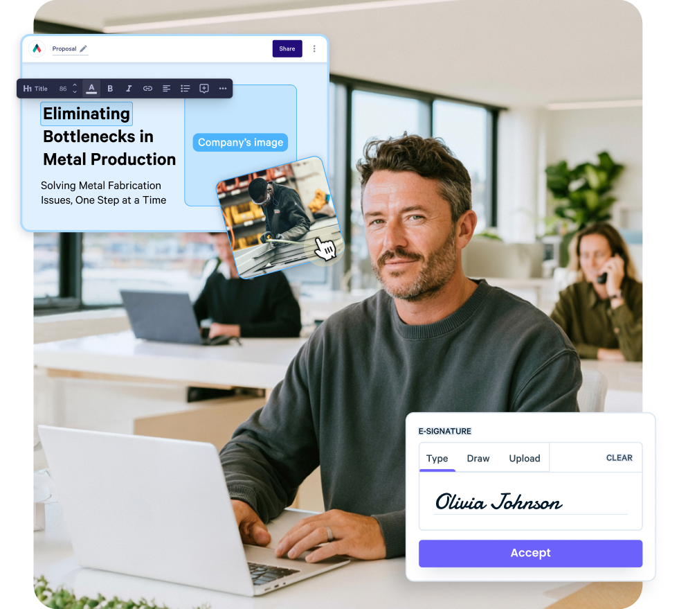 A man in an office works on a laptop, with digital overlays showing a proposal for metal production and an e-signature panel.