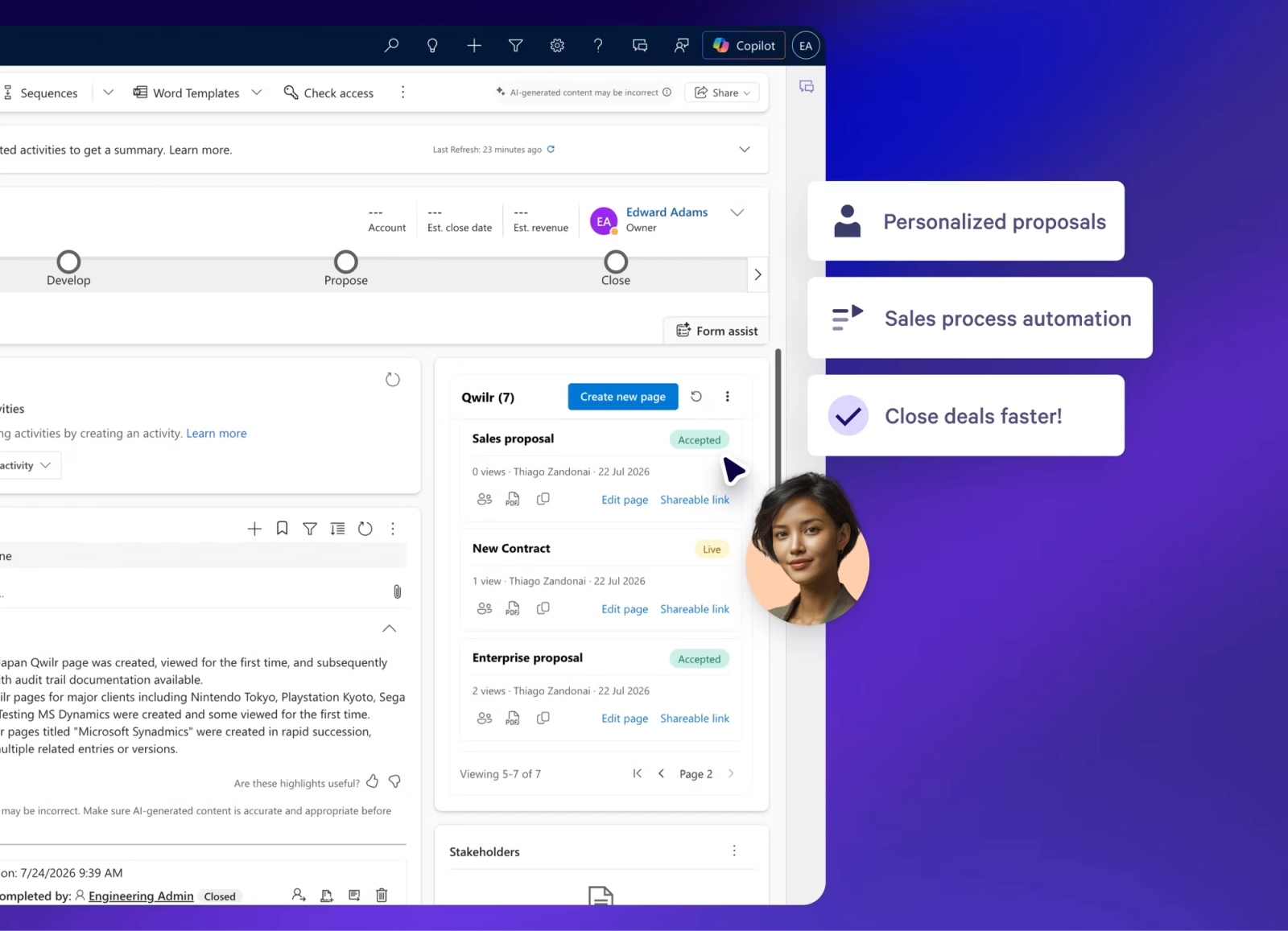 A business application displaying sales documents and a sidebar highlighting "Personalized proposals," "Sales process automation," and "Close deals faster!", with a woman's profile picture.