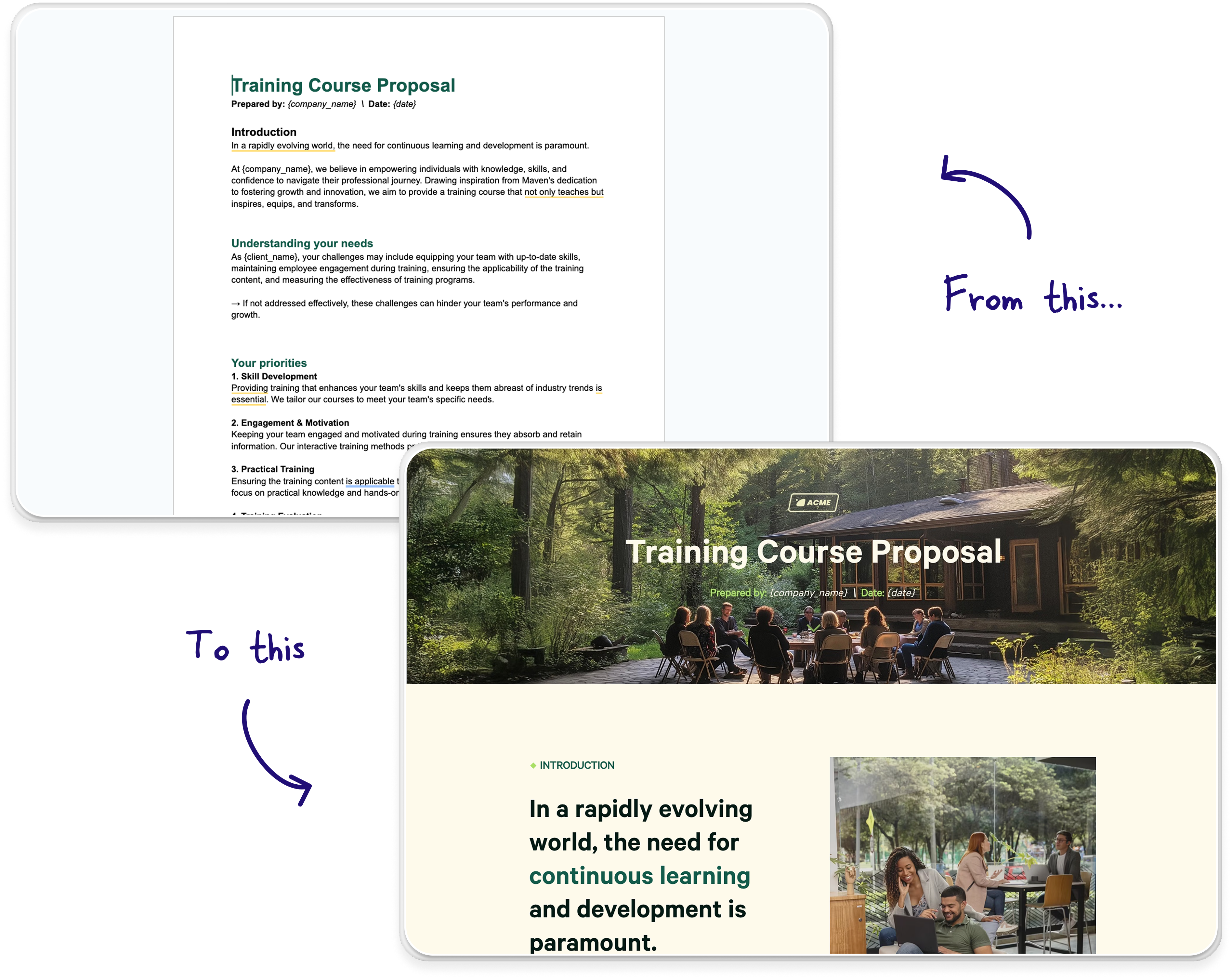 a training course proposal with a group of people sitting around a table