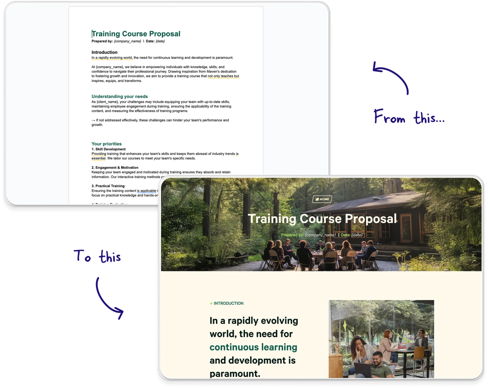 a training course proposal with a group of people sitting around a table