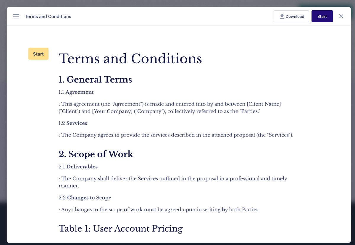 A digital document titled 'Terms and Conditions' showing sections like General Terms and Scope of Work.