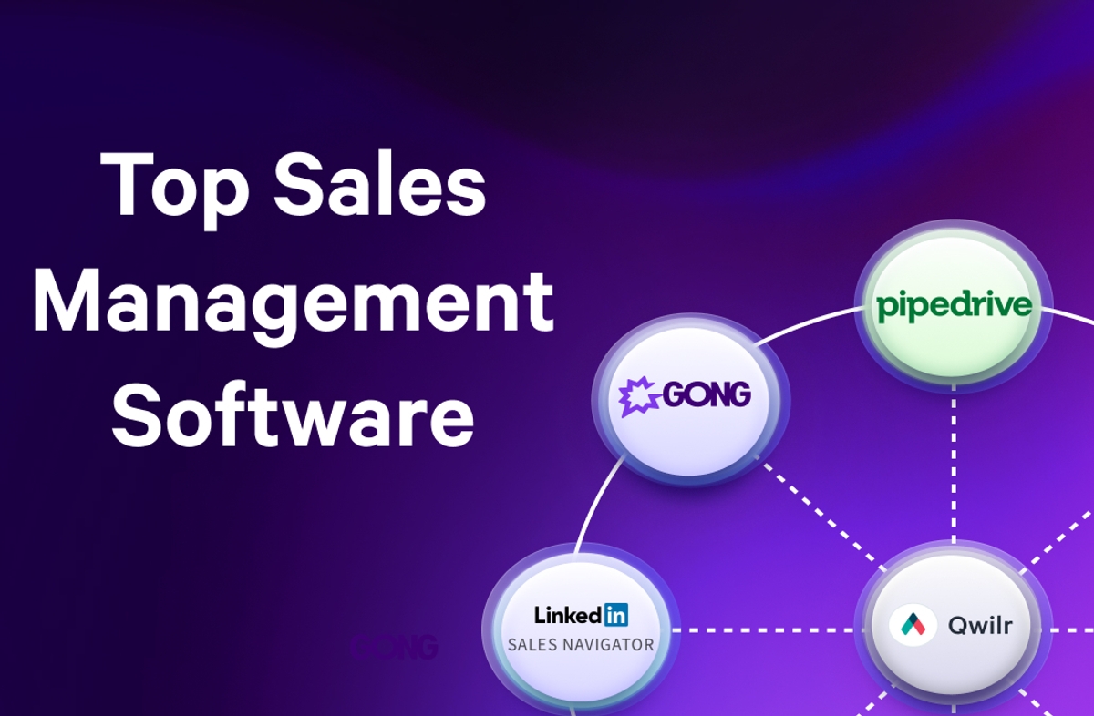 Top Sales Management Software graphic featuring logos for Gong, Pipedrive, LinkedIn Sales Navigator, and Qwilr.