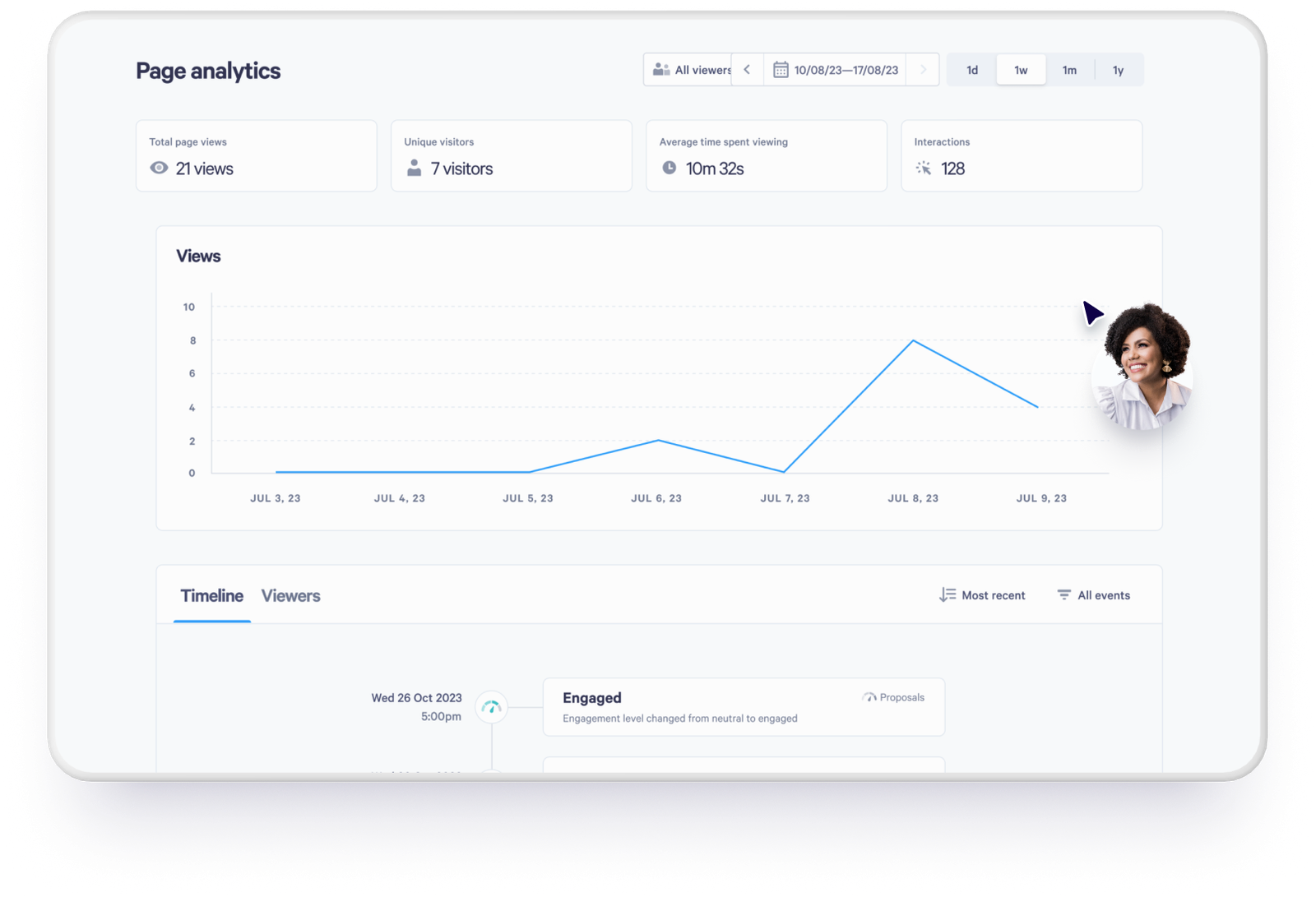 Qwilr tracking dashboard showing a proposal opened, with section-level engagement data visible