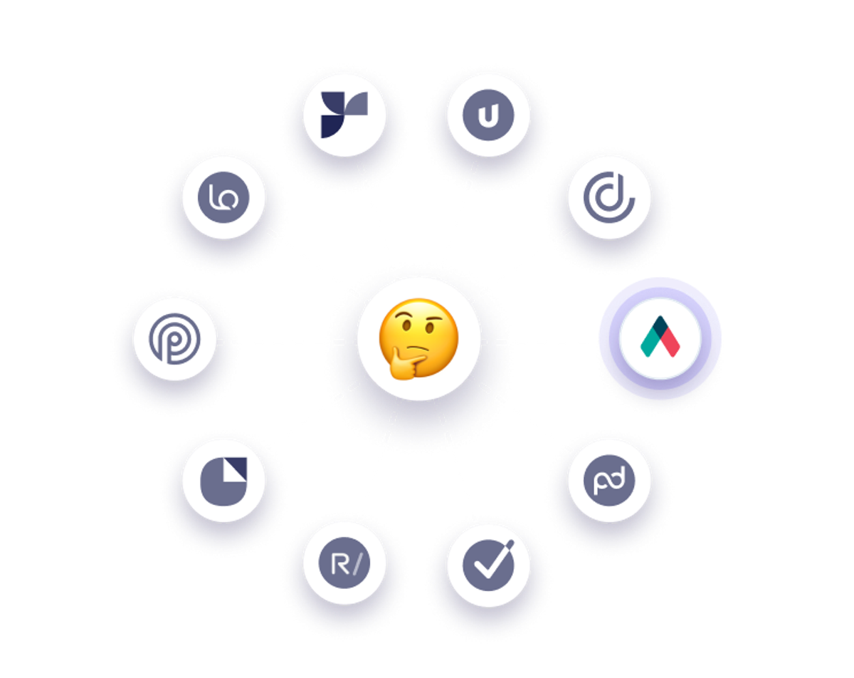 a thinking face emoji is in the middle of a circle of proposal software icons