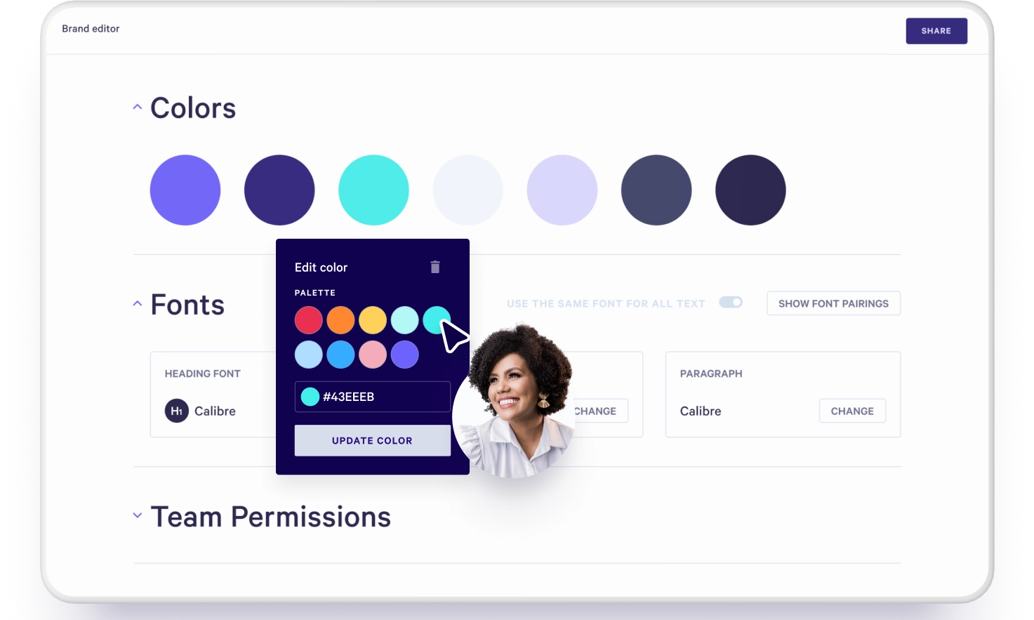 a screenshot of Qwil's website that says colors and team permissions