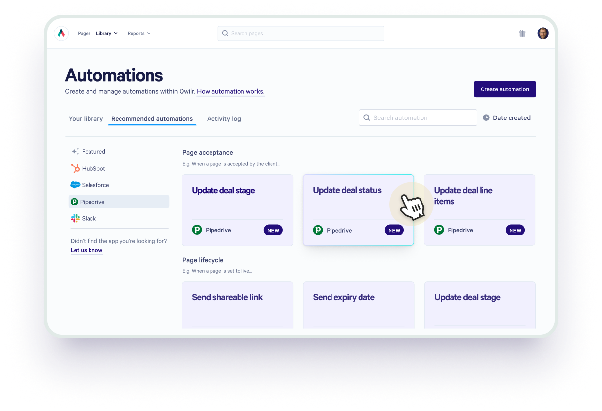 Automations dashboard showing recommended Pipedrive integrations, a cursor on "Update deal status."