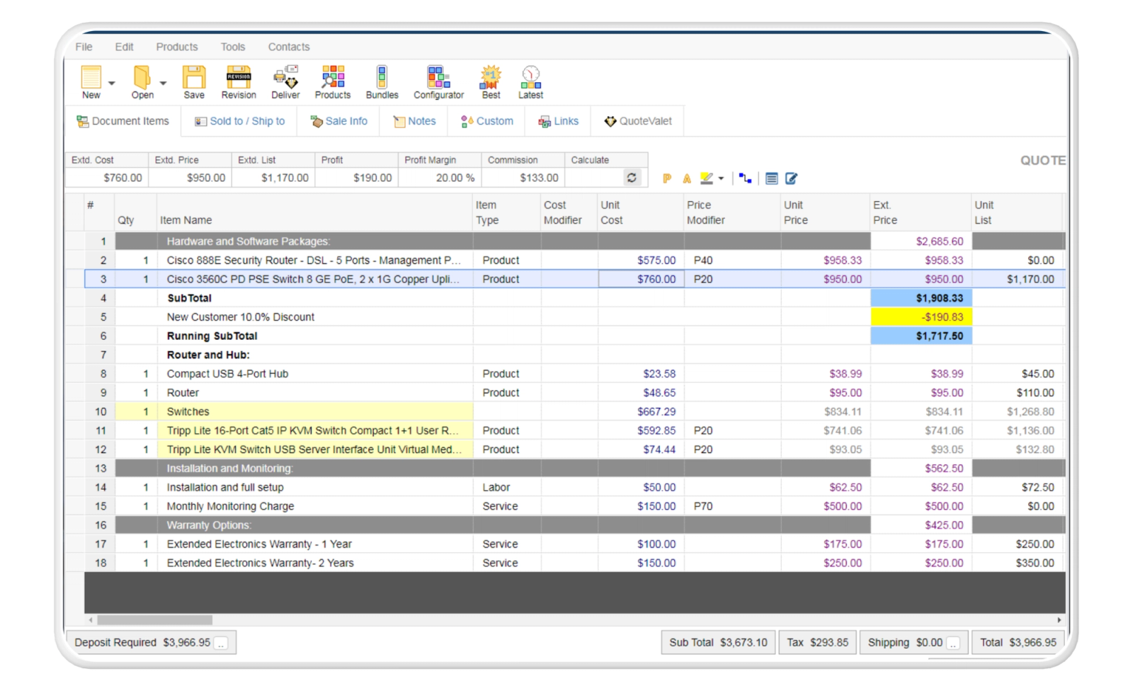 Quotewerks dashboard displaying an itemized sales quote or invoice with product details, pricing, and totals.