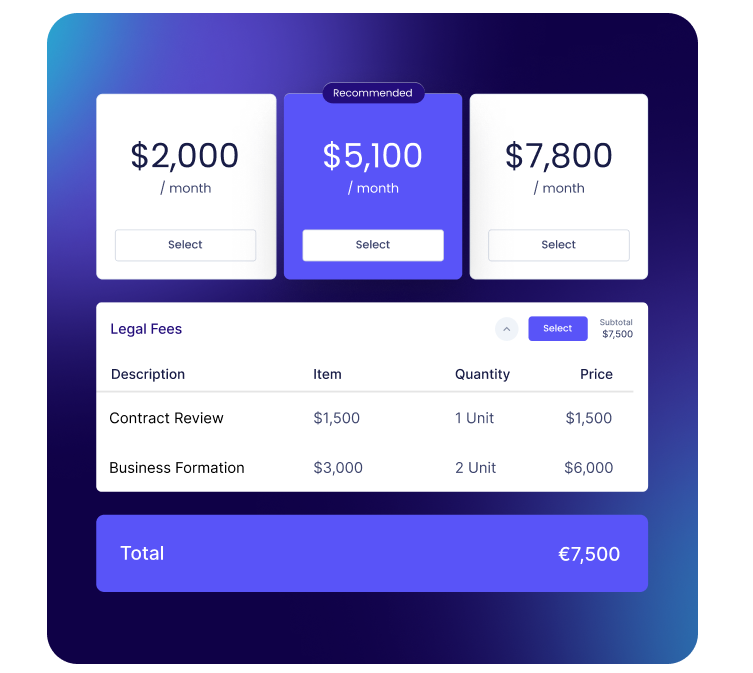 Digital proposal software UI displaying a personalized proposal, a pricing calculator showing $117,000 in annual savings, and a video thumbnail.